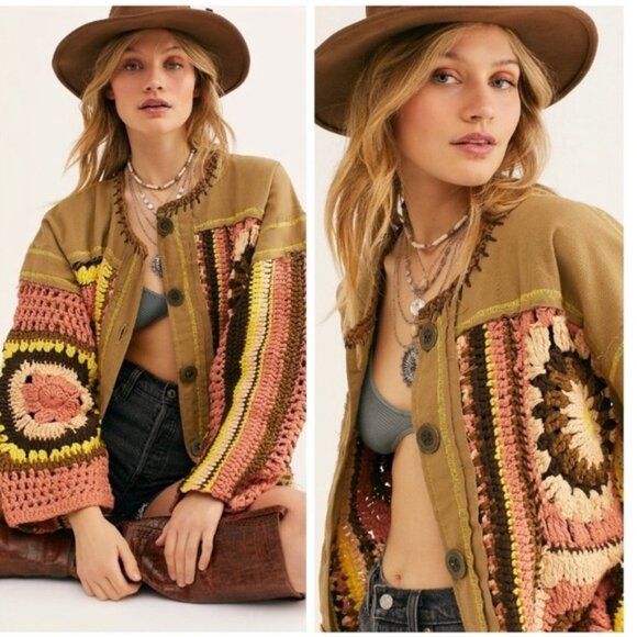 Free People No Rain Jacket cardigan granny Crochet Square Pieced Patchwork LG - Picture 1 of 11